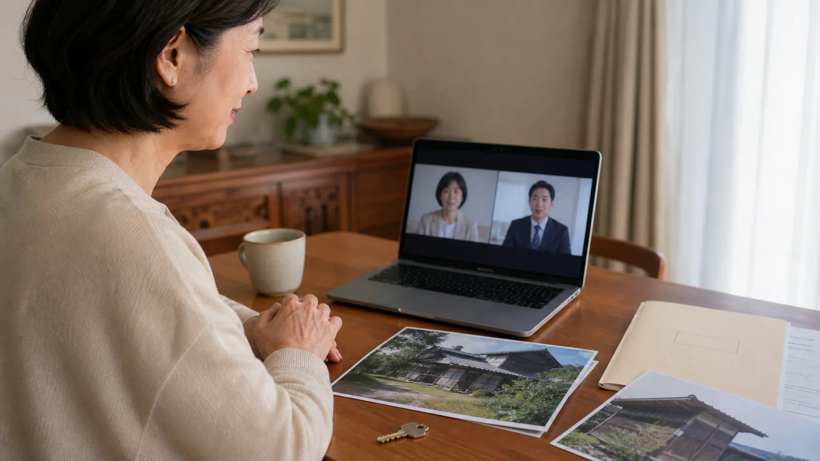 遠方の実家売却についてオンラインで不動産担当者と相談する家族