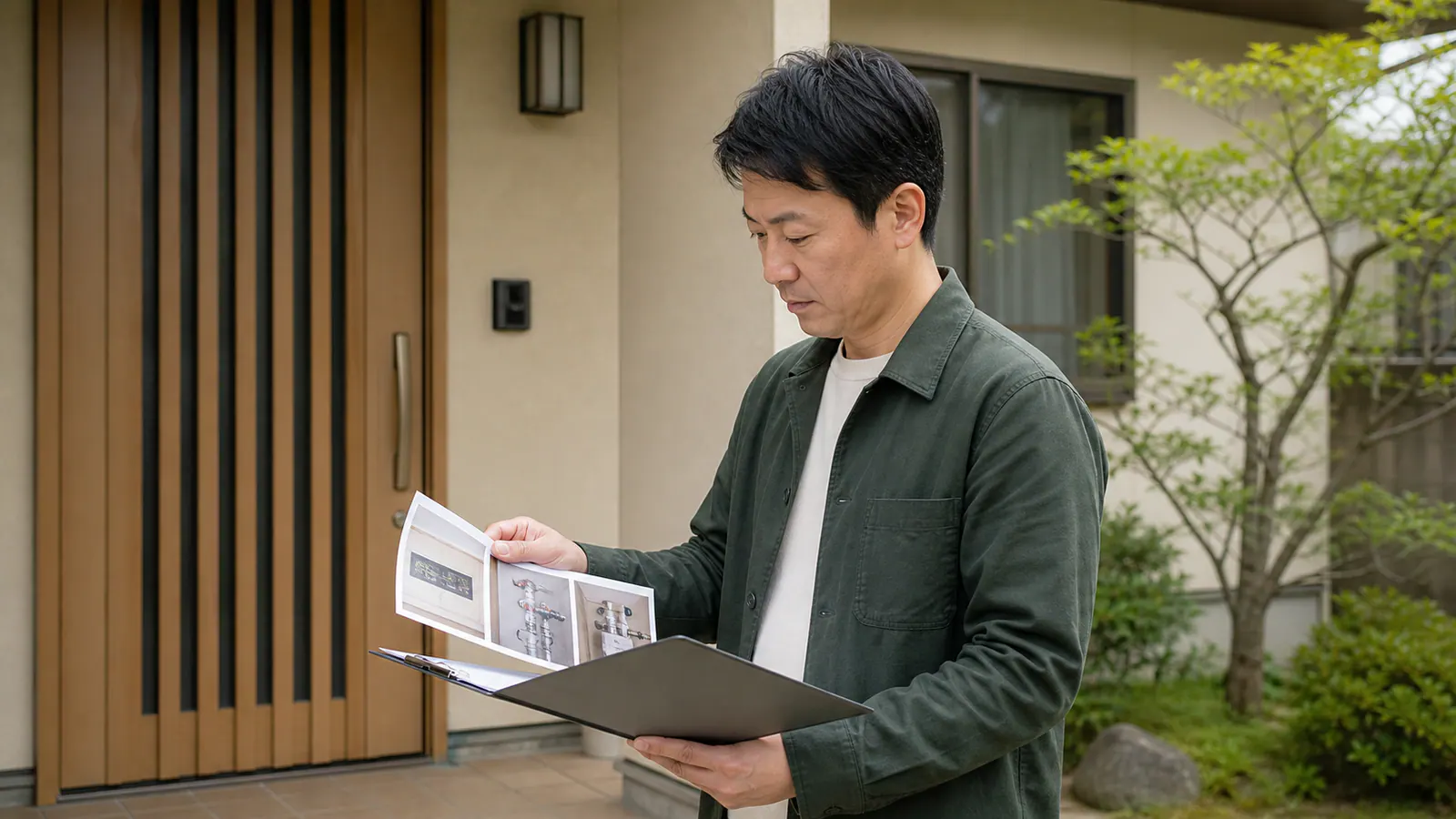空き家の玄関で分電盤、水道元栓、ガス設備の写真を確認する家族