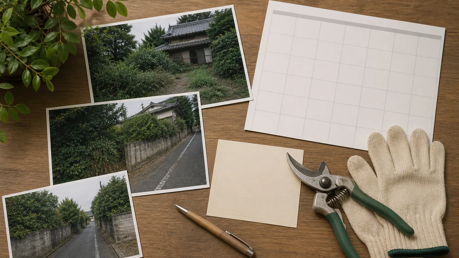 空き家の庭写真、剪定ばさみ、手袋、無地の連絡メモと巡回カレンダーを並べた机