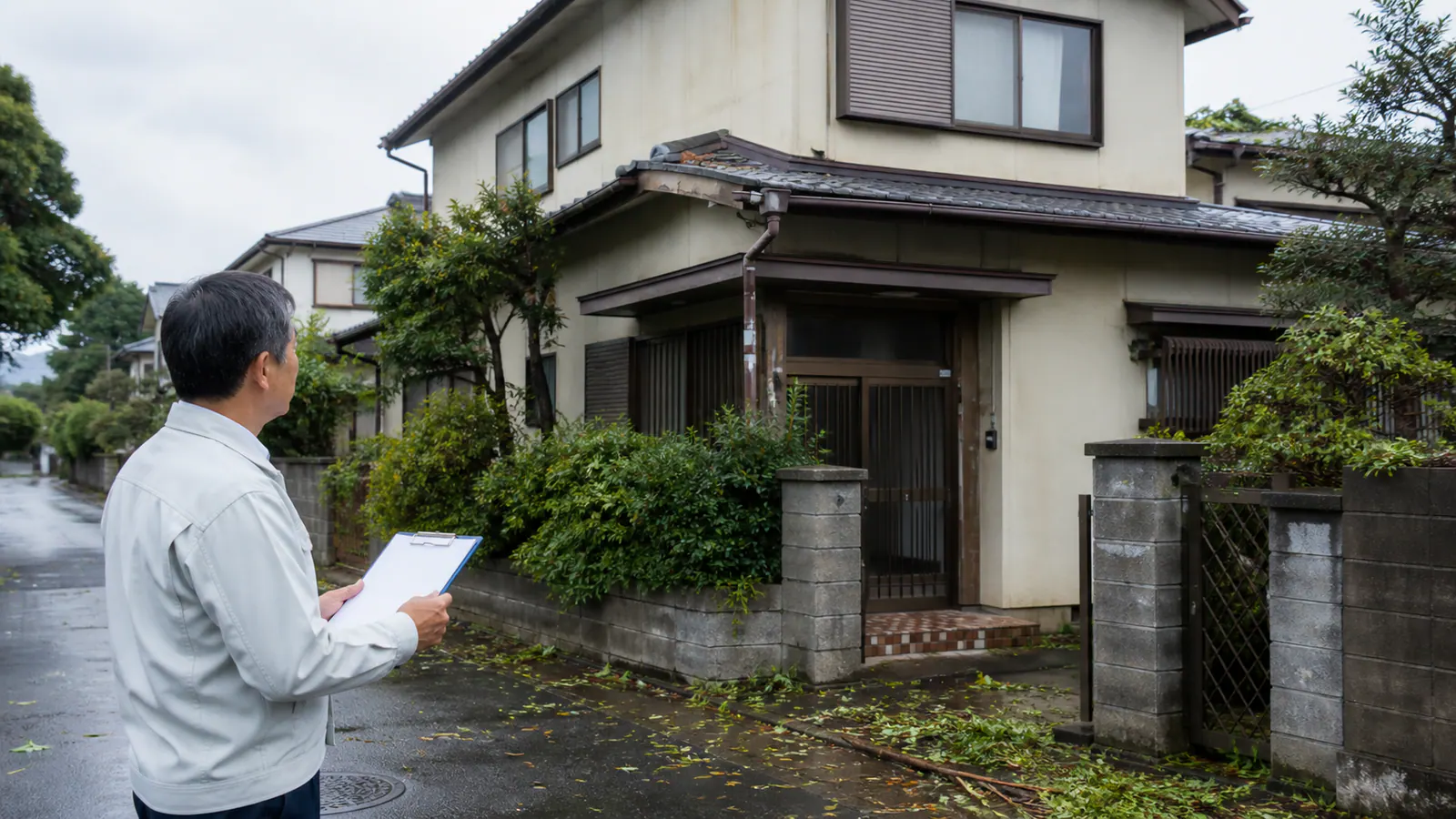 台風通過後に空き家の外周を安全な距離から確認する家族