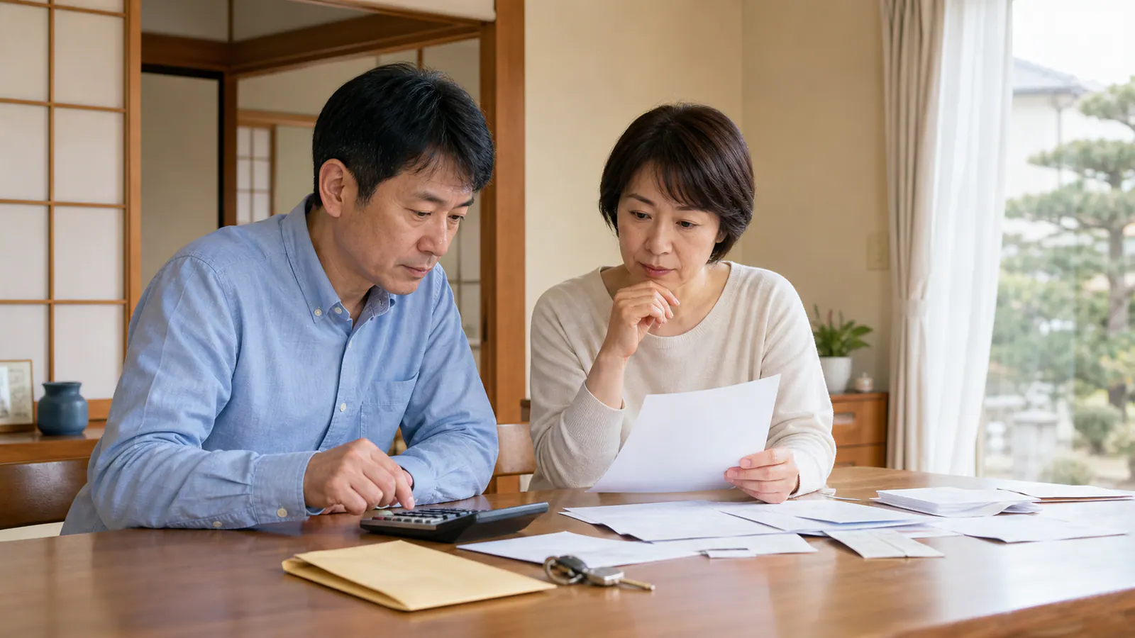 空き家になった実家の食卓で請求書と鍵を並べ年間負担を確認する家族