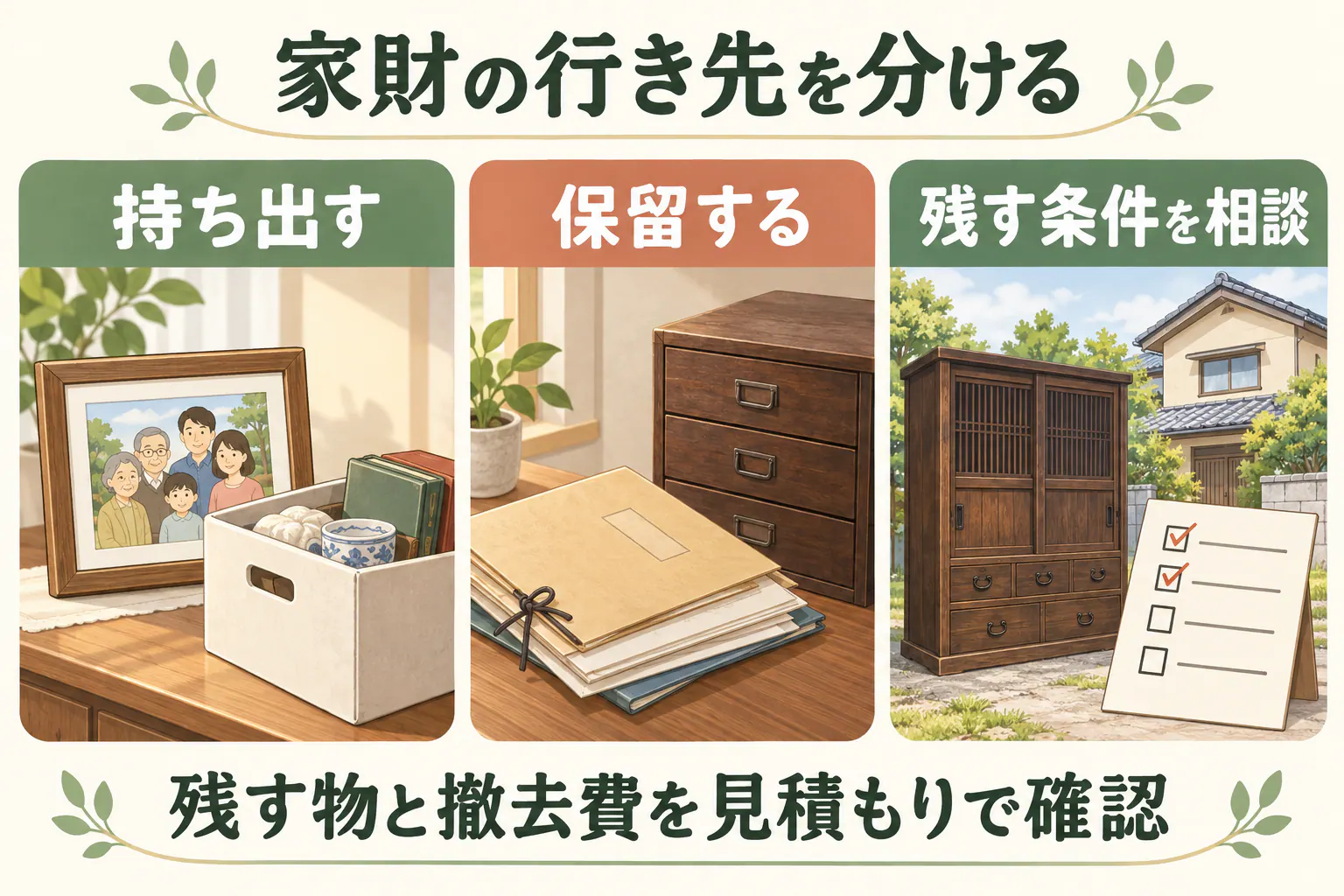 家財の行き先を分ける。持ち出す、保留する、残す条件を相談