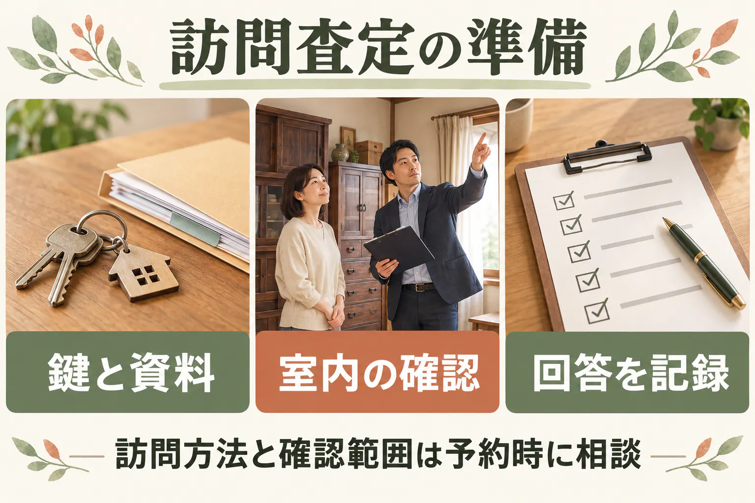 訪問査定の準備。鍵と資料、室内の確認、回答を記録