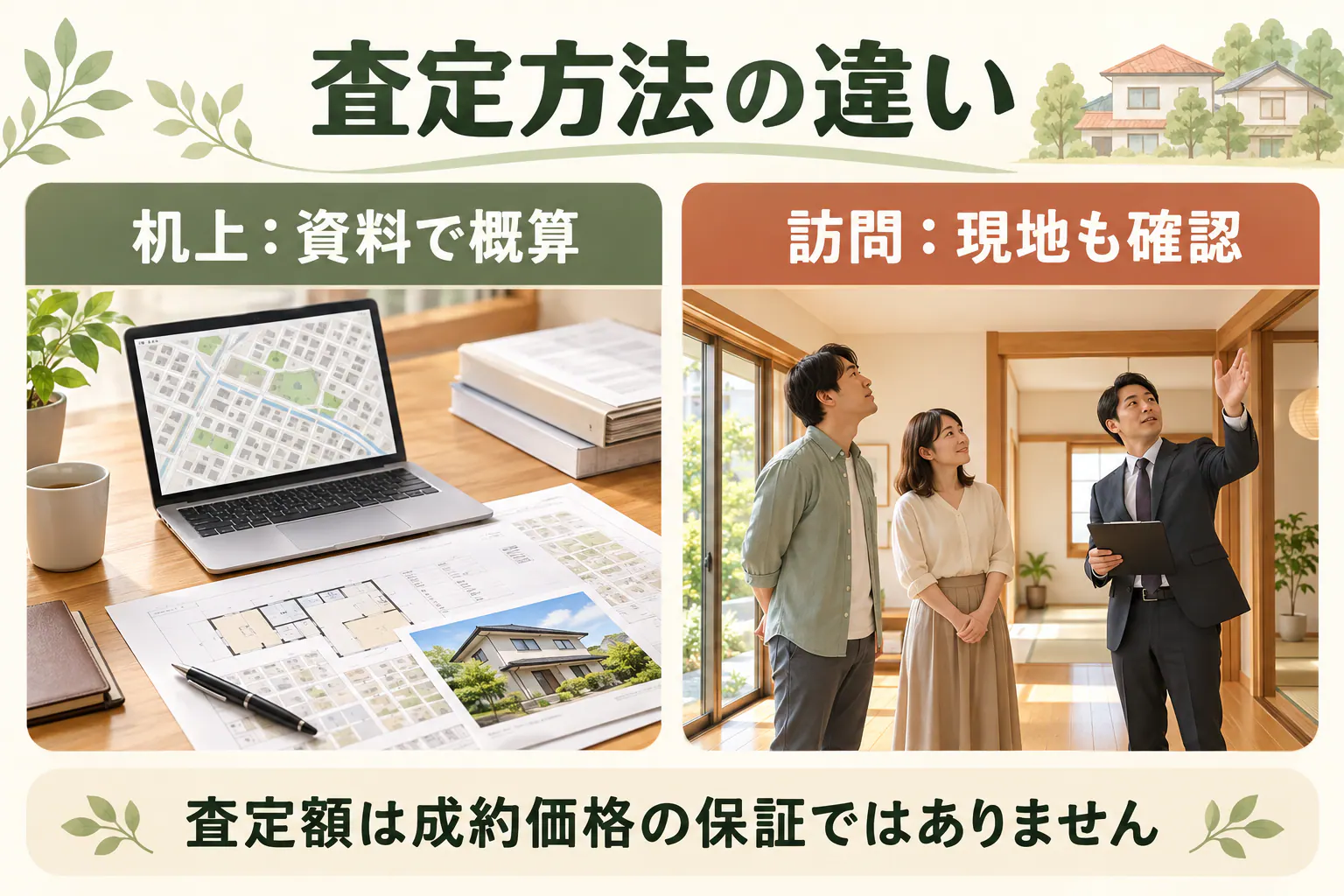 査定方法の違い。机上：資料で概算、訪問：現地も確認