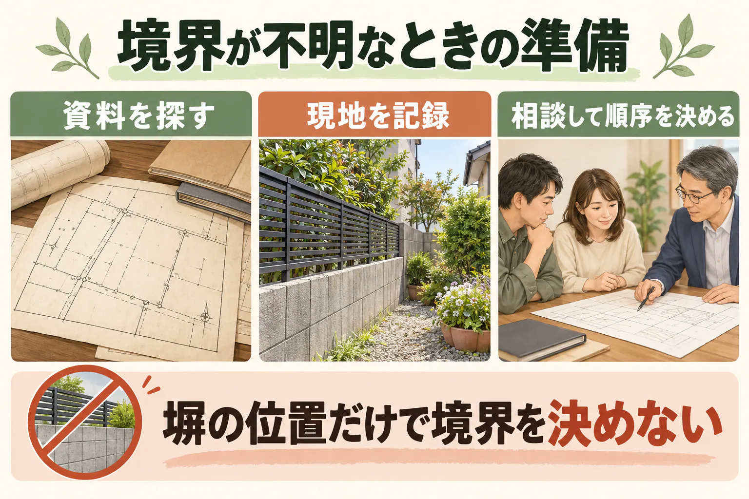境界が不明なときの準備。資料を探す、現地を記録、相談して順序を決める