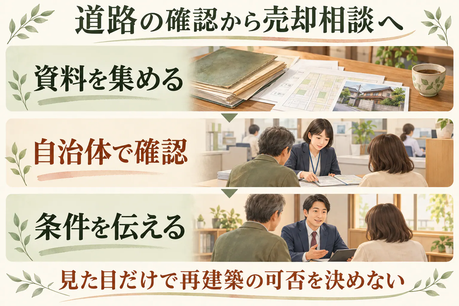 道路の確認から売却相談へ。資料を集める、自治体で確認、条件を伝える