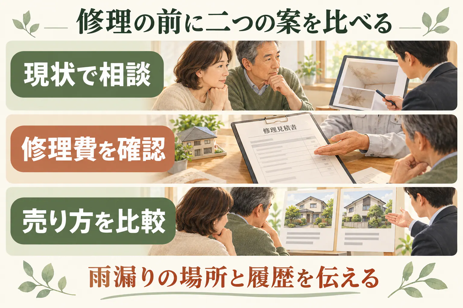 修理の前に二つの案を比べる。現状で相談、修理費を確認、売り方を比較