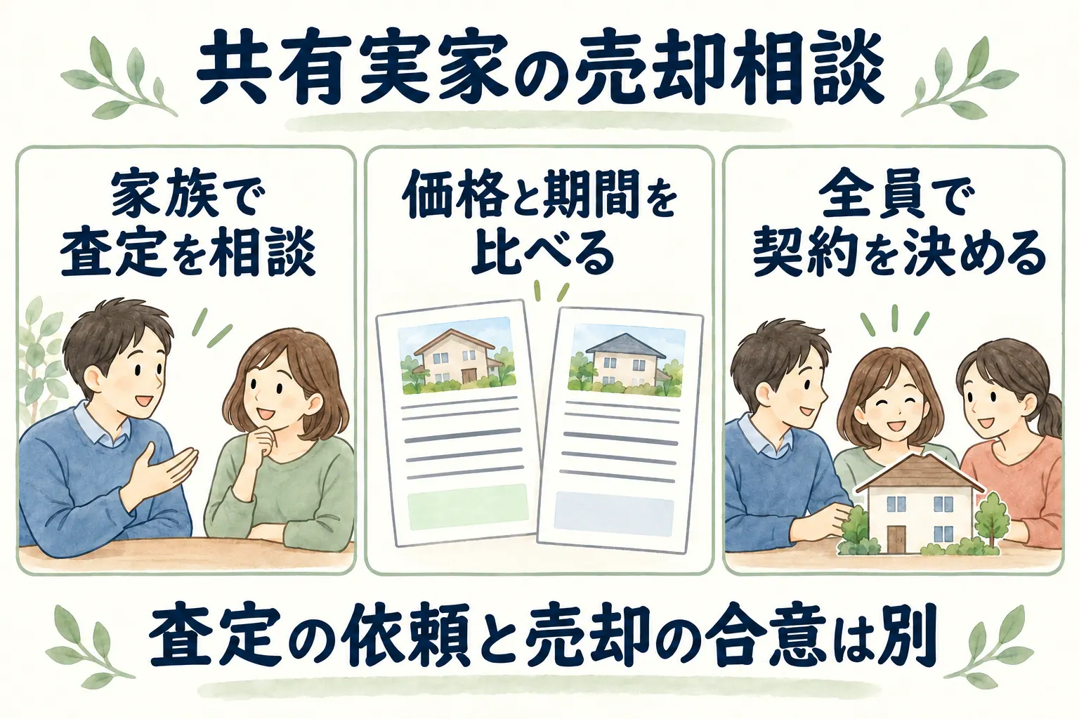 家族で査定を相談し、価格と期間を比べ、全員で契約を決める三段階。査定の依頼と売却の合意は別