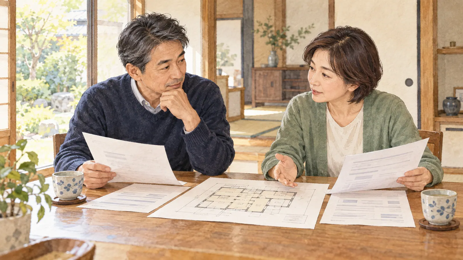 実家の机で兄妹が図面と査定資料を見ながら互いの希望を聞くイメージ