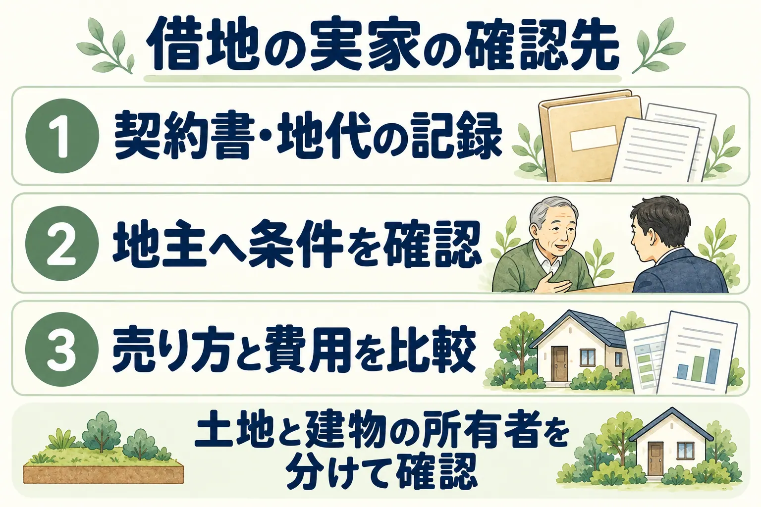 契約書と地代の記録を集め、地主へ条件を確認し、売り方と費用を比較する。土地と建物の所有者を分けて確認