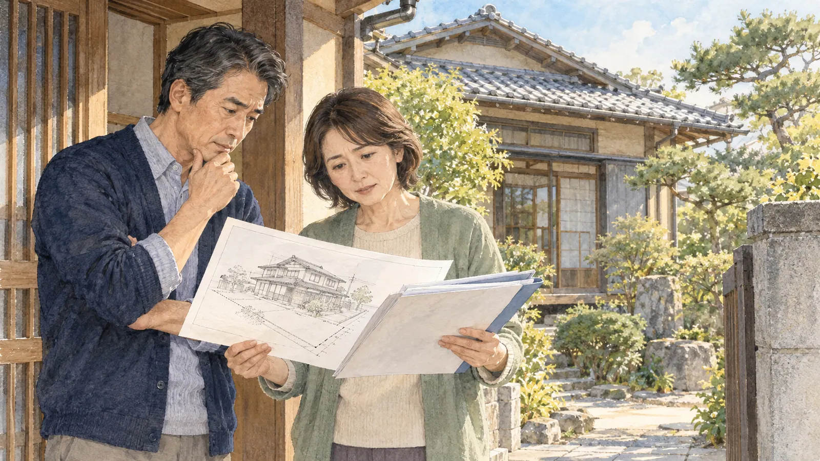 古い実家の前で家族が契約書と建物の資料を確かめるイメージ