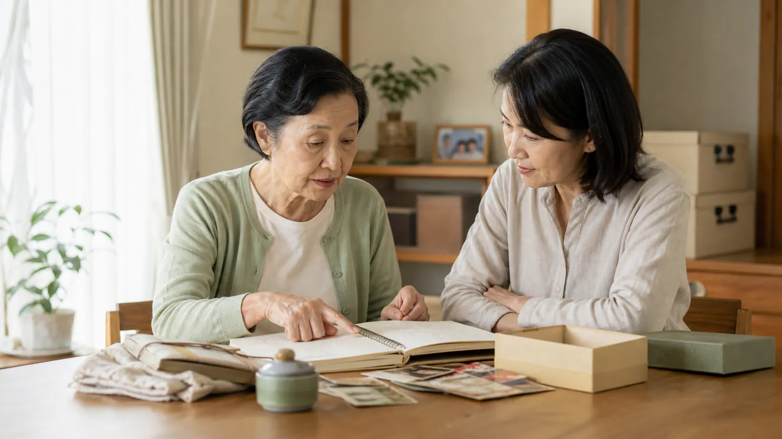 明るい実家で書類と家財を親子で穏やかに整理する様子