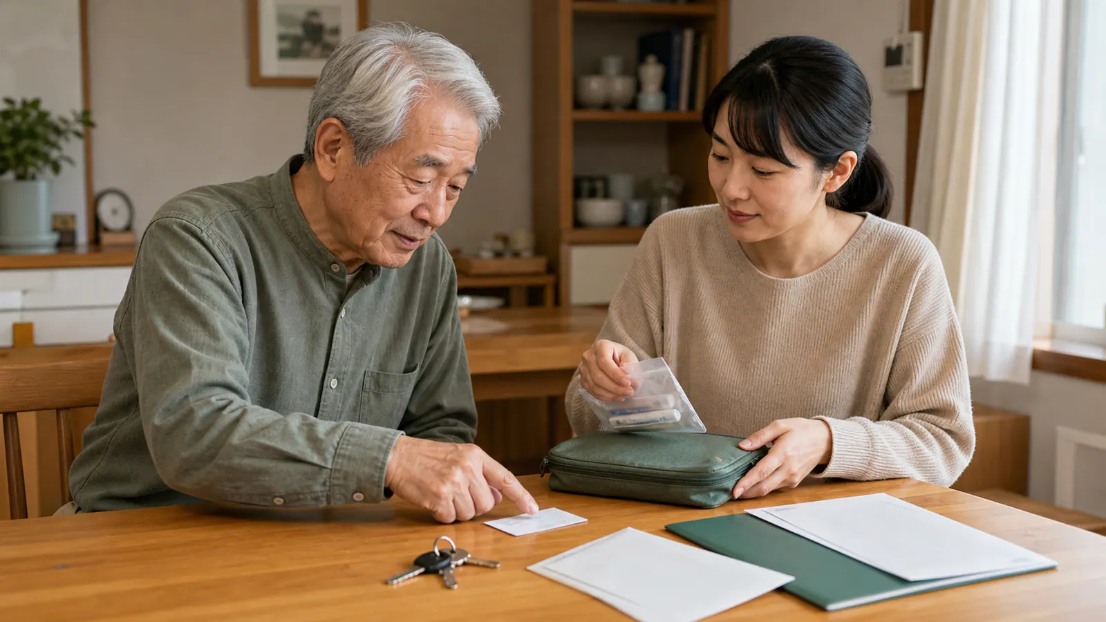 一人暮らしの親と家族が連絡先カードや鍵の保管方法を確認する様子
