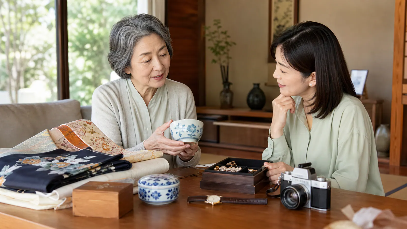 着物、食器、時計、カメラなどの家財を親子で査定候補へ分ける様子