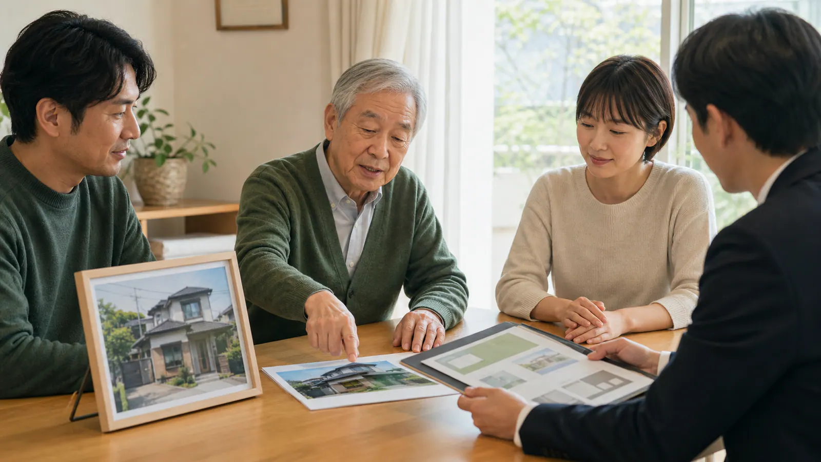 施設入居後の実家について管理、片付け、査定の順番を家族で確認する様子