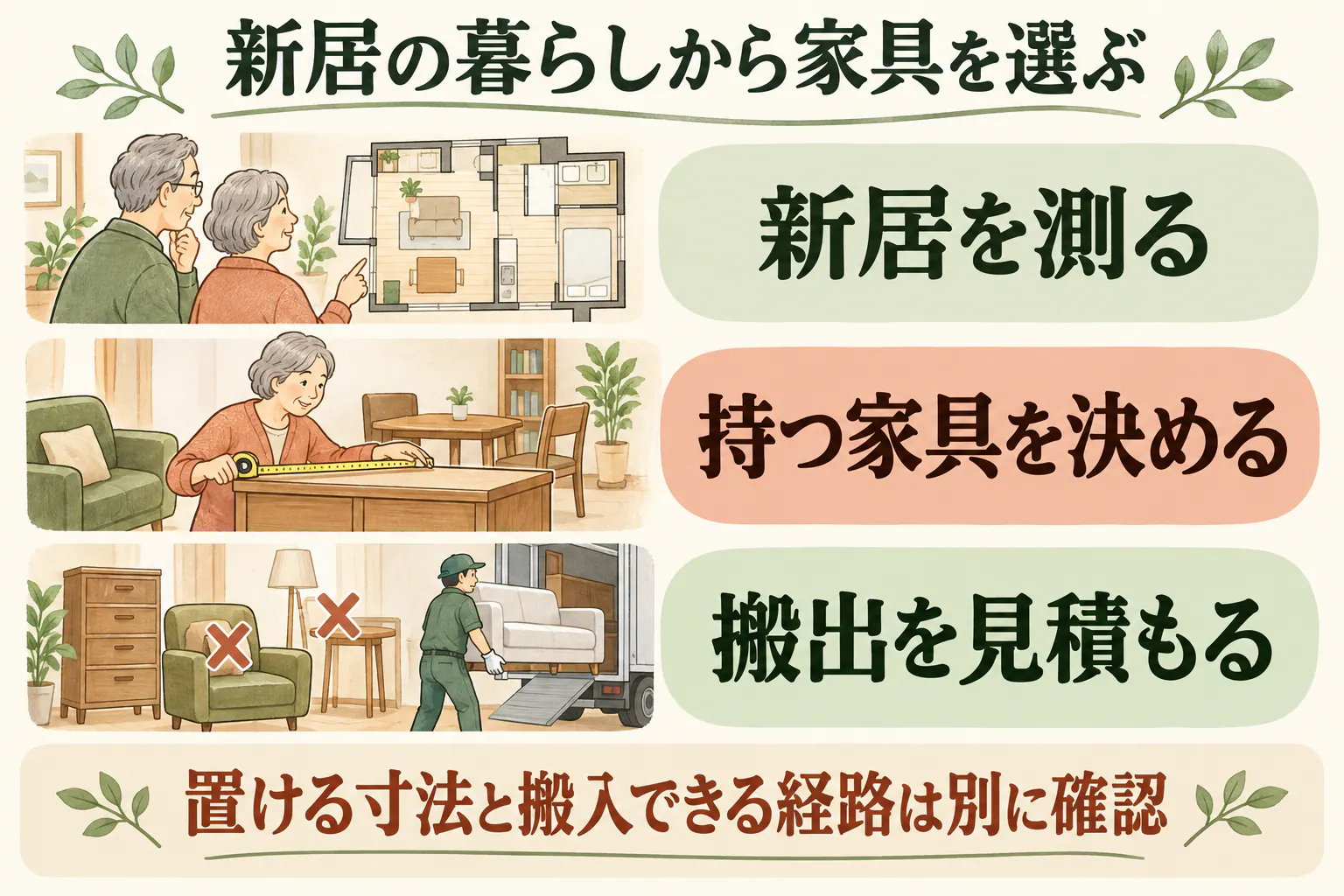 新居の暮らしから家具を選ぶ。新居を測る、持つ家具を決める、搬出を見積もる