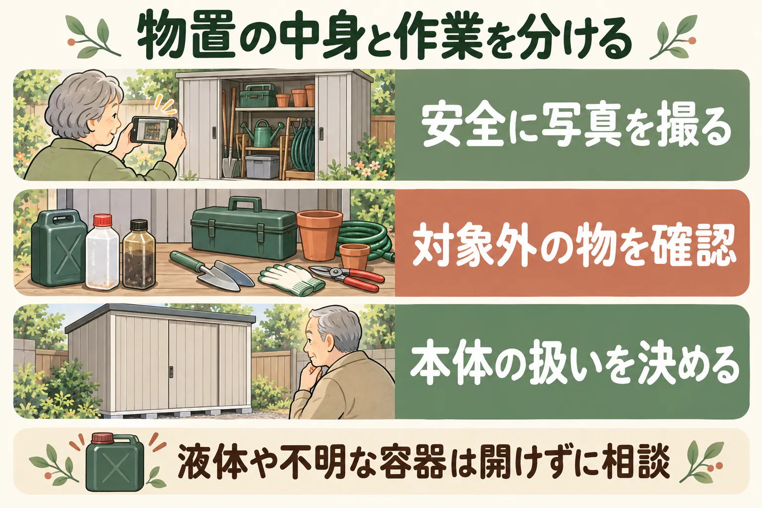 物置の中身と作業を分ける。安全に写真を撮る、対象外の物を確認、本体の扱いを決める