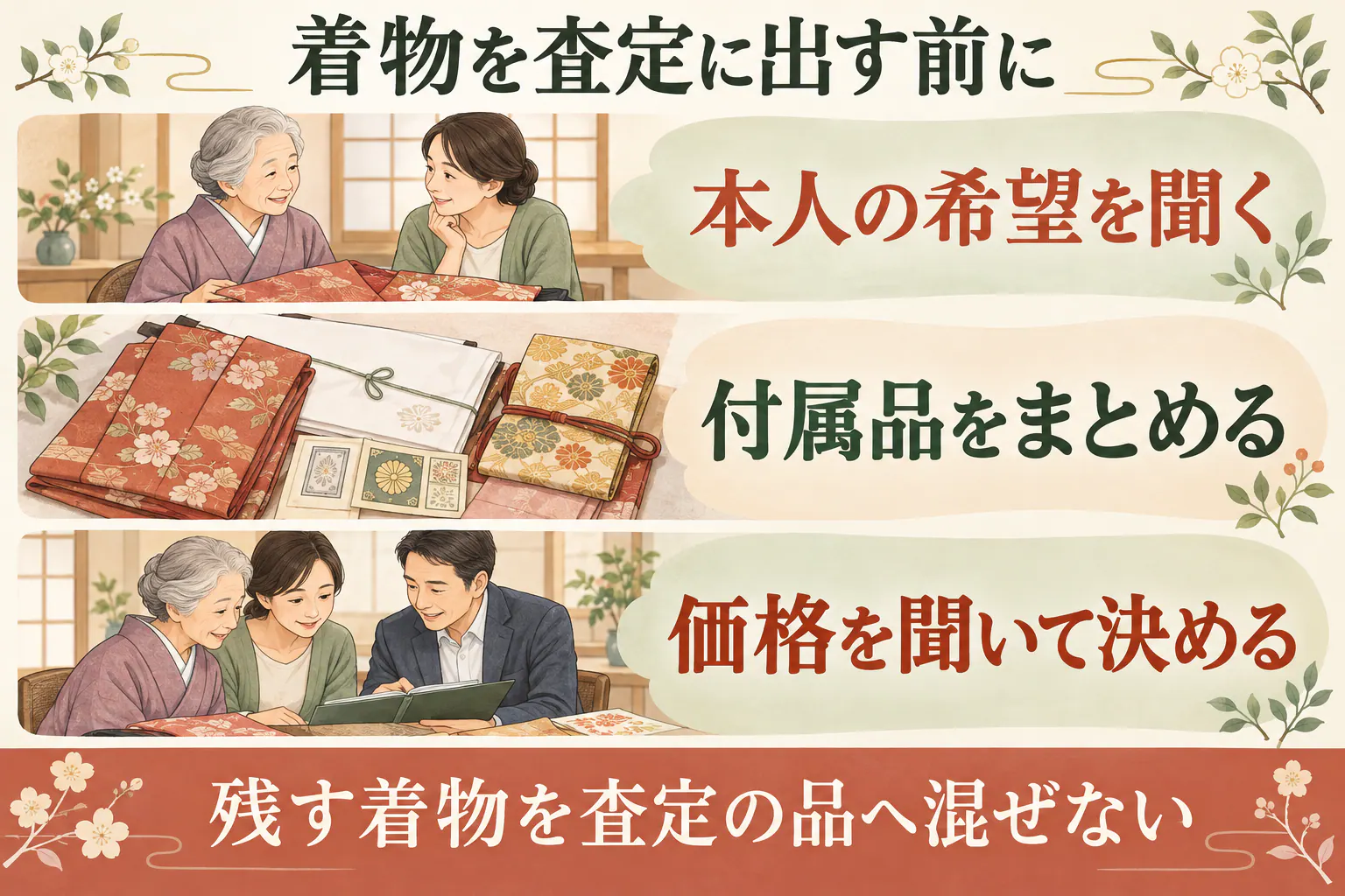着物を査定に出す前に。本人の希望を聞く、付属品をまとめる、価格を聞いて決める