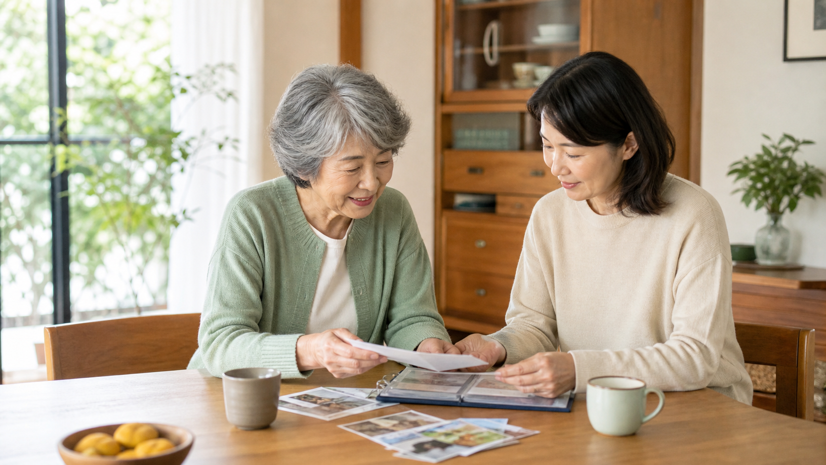 自宅のテーブルで書類を見ながら穏やかに話す親子